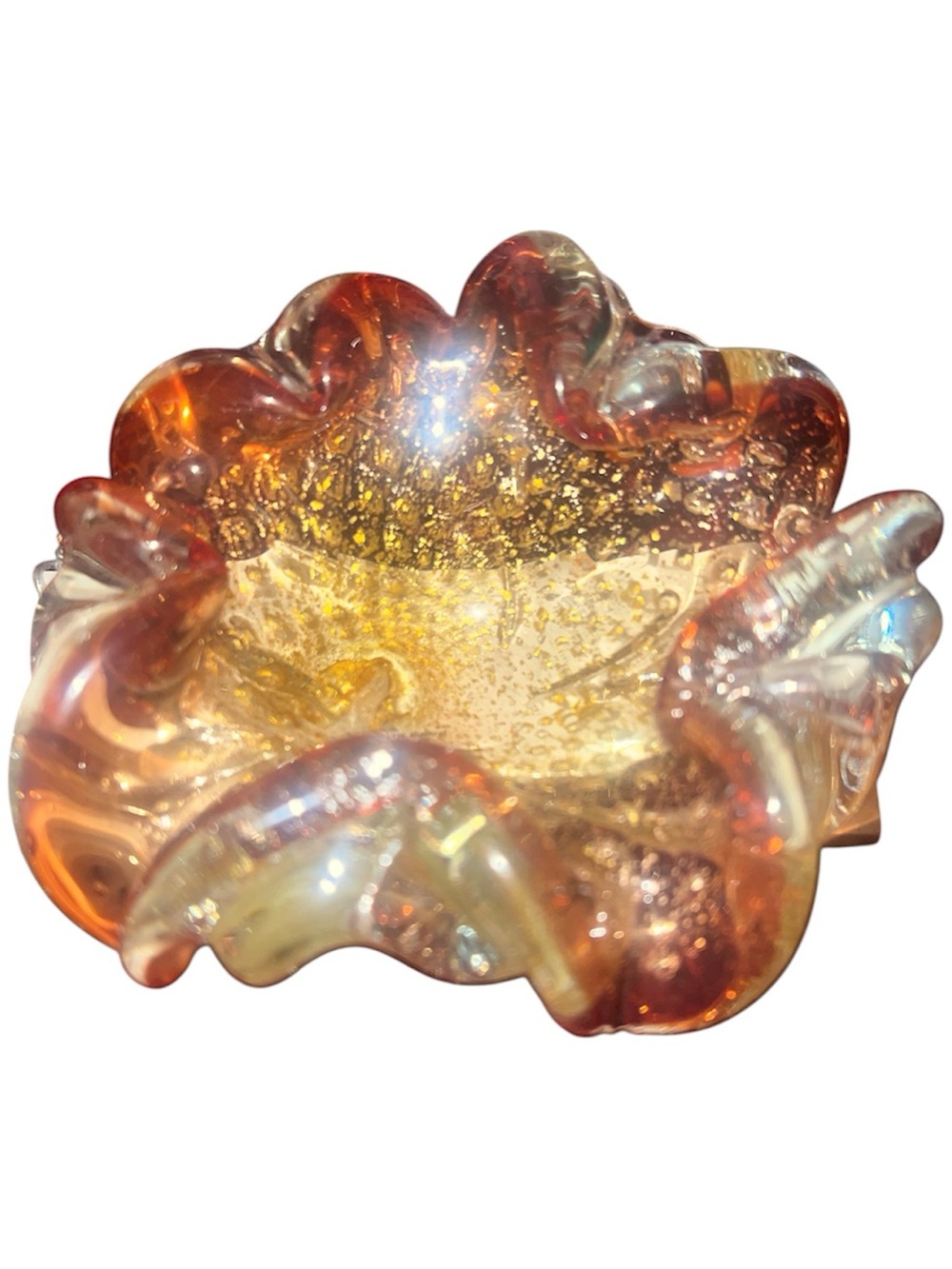 MCM Vintage Murano Gold Aventurine Ruffled Glass Bowl 6"